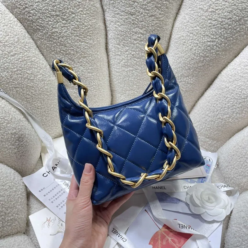 Chanel AS4922 Small Hobo Shiny Lambskin & Gold Tone Metal Navy Blue