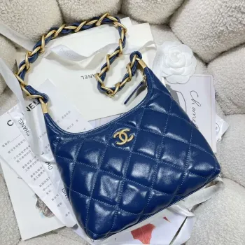 Chanel AS4922 Small Hobo Shiny Lambskin & Gold Tone Metal Navy Blue
