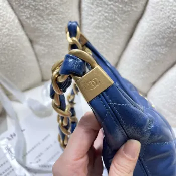 Chanel AS4922 Small Hobo Shiny Lambskin & Gold Tone Metal Navy Blue