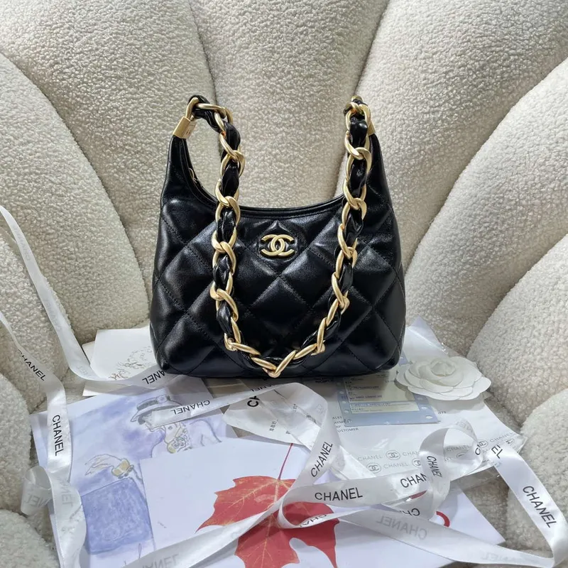 Chanel AS4922 Small Hobo Shiny Lambskin & Gold Tone Metal Black