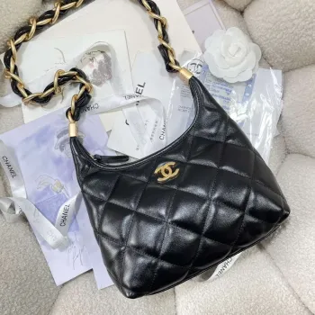 Chanel AS4922 Small Hobo Shiny Lambskin & Gold Tone Metal Black