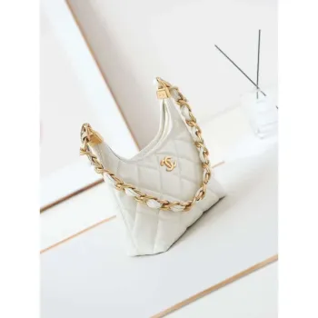 Chanel AS4922 Small Hobo Shiny Lambskin & Gold Tone Metal White