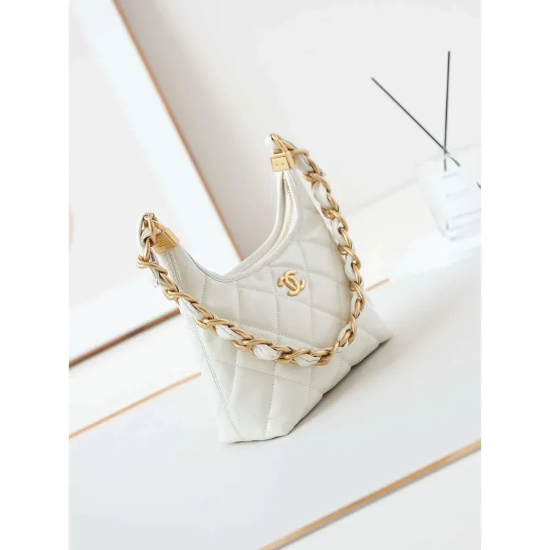 Chanel AS4922 Small Hobo Shiny Lambskin & Gold Tone Metal White
