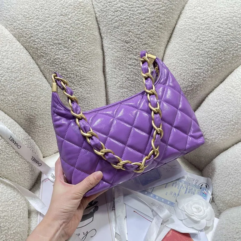 Chanel AS4912 Meduim Hobo Shiny Lambskin & Gold Tone Metal Purple