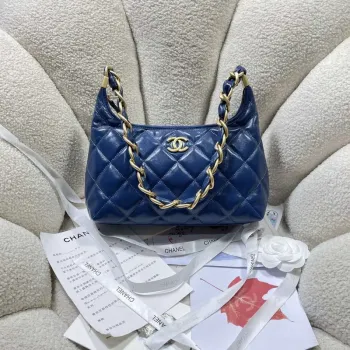 Chanel AS4912 Meduim Hobo Shiny Lambskin & Gold Tone Metal Navy Blue