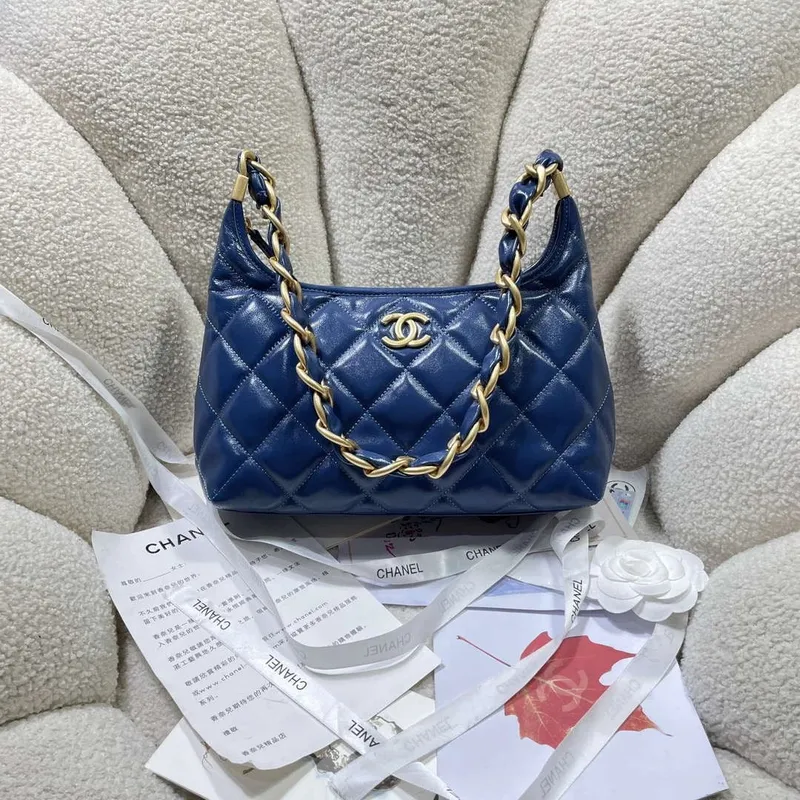 Chanel AS4912 Meduim Hobo Shiny Lambskin & Gold Tone Metal Navy Blue