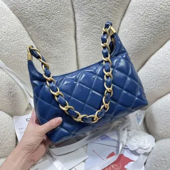 Chanel AS4912 Meduim Hobo Shiny Lambskin & Gold Tone Metal Navy Blue