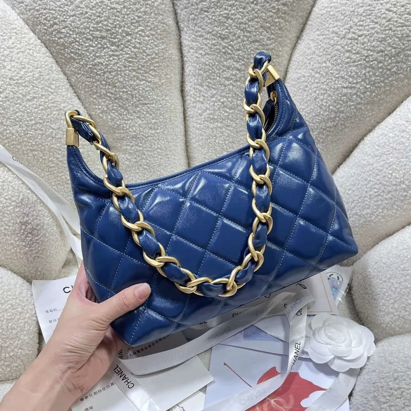 Chanel AS4912 Meduim Hobo Shiny Lambskin & Gold Tone Metal Navy Blue