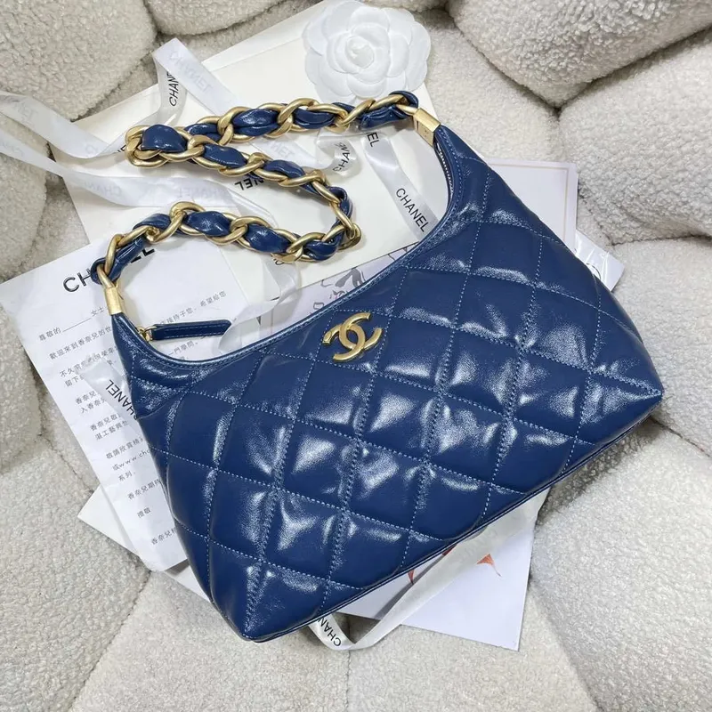 Chanel AS4912 Meduim Hobo Shiny Lambskin & Gold Tone Metal Navy Blue
