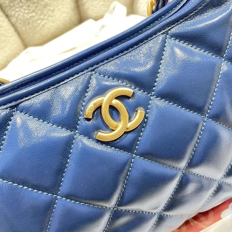 Chanel AS4912 Meduim Hobo Shiny Lambskin & Gold Tone Metal Navy Blue
