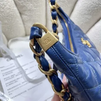 Chanel AS4912 Meduim Hobo Shiny Lambskin & Gold Tone Metal Navy Blue