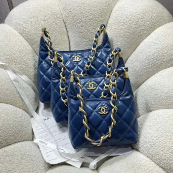 Chanel AS4912 Meduim Hobo Shiny Lambskin & Gold Tone Metal Navy Blue