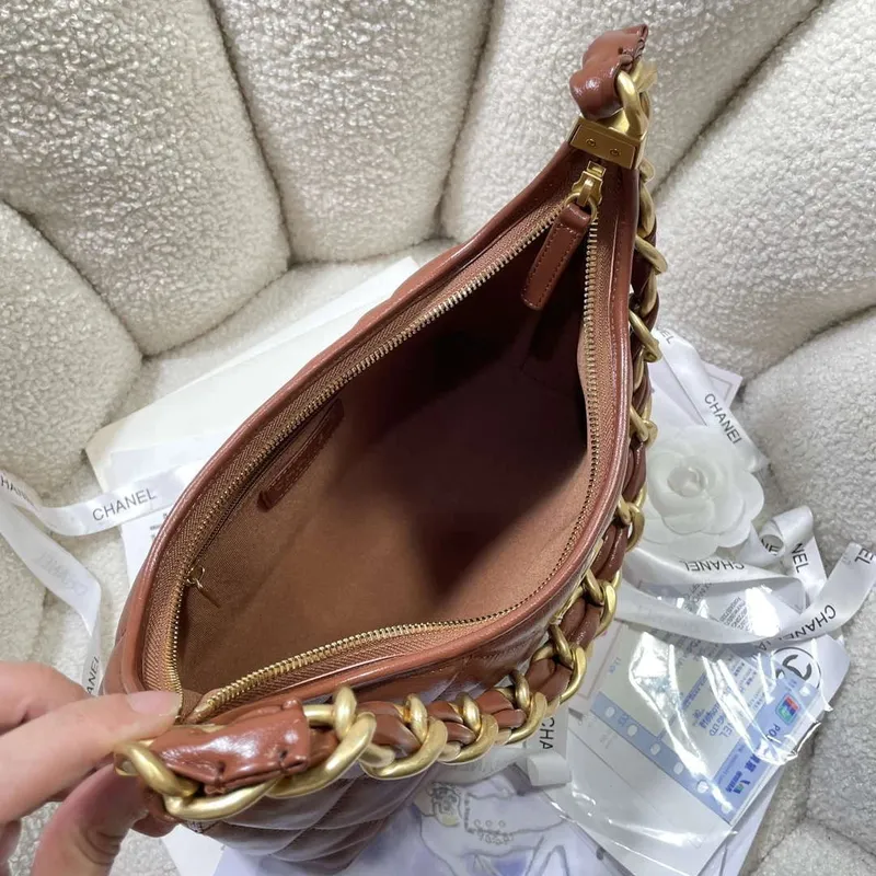 Chanel AS4912 Meduim Hobo Shiny Lambskin & Gold Tone Metal Brown
