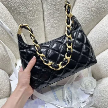 Chanel AS4912 Meduim Hobo Shiny Lambskin & Gold Tone Metal Black