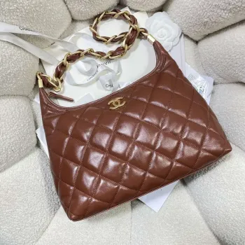Chanel AS4923 Large Hobo Shiny Lambskin & Gold Tone Metal Brown