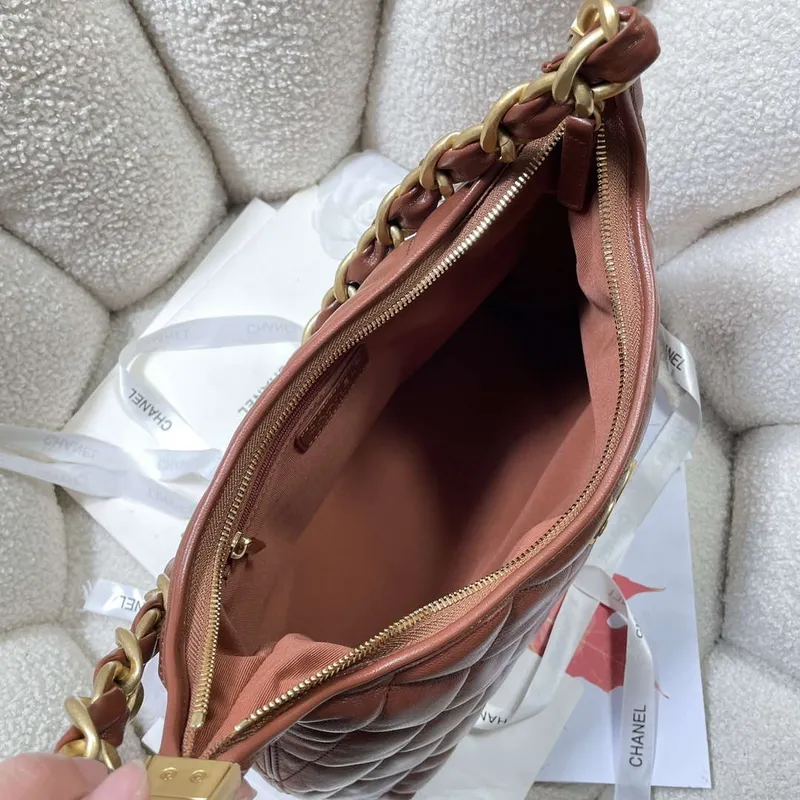 Chanel AS4923 Large Hobo Shiny Lambskin & Gold Tone Metal Brown