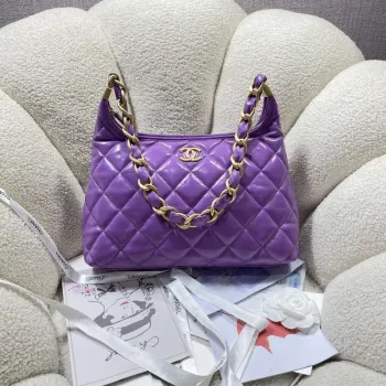Chanel AS4923 Large Hobo Shiny Lambskin & Gold Tone Metal Purple