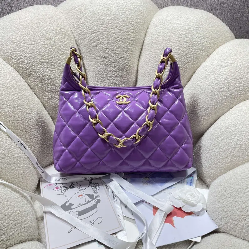 Chanel AS4923 Large Hobo Shiny Lambskin & Gold Tone Metal Purple