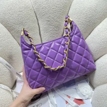 Chanel AS4923 Large Hobo Shiny Lambskin & Gold Tone Metal Purple