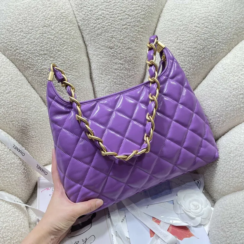 Chanel AS4923 Large Hobo Shiny Lambskin & Gold Tone Metal Purple