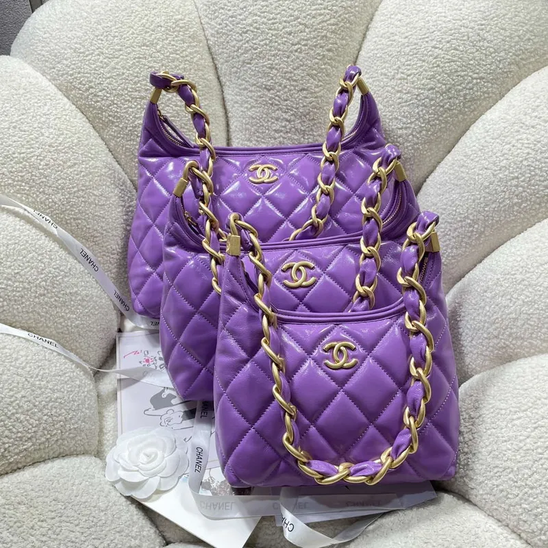 Chanel AS4923 Large Hobo Shiny Lambskin & Gold Tone Metal Purple