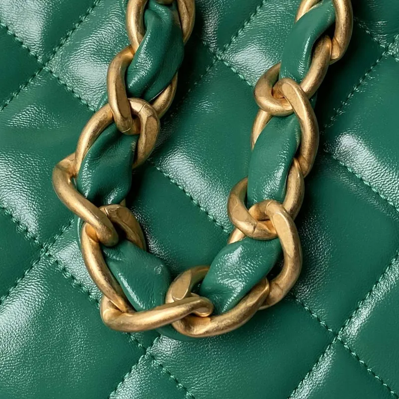 Chanel AS4923 Large Hobo Shiny Lambskin & Gold Tone Metal Dark Green