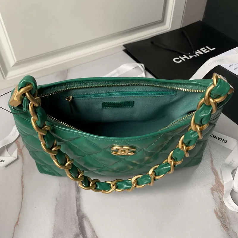 Chanel AS4923 Large Hobo Shiny Lambskin & Gold Tone Metal Dark Green