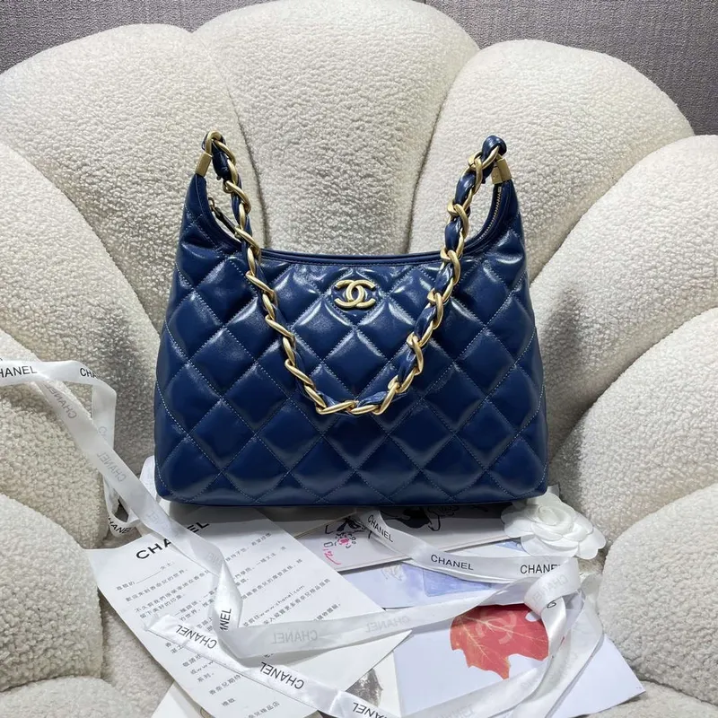 Chanel AS4923 Large Hobo Shiny Lambskin & Gold Tone Metal Navy Blue