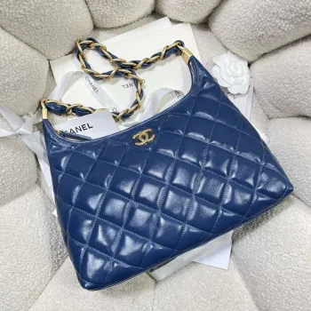 Chanel AS4923 Large Hobo Shiny Lambskin & Gold Tone Metal Navy Blue