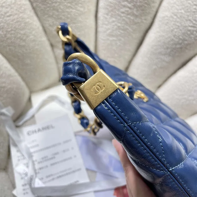 Chanel AS4923 Large Hobo Shiny Lambskin & Gold Tone Metal Navy Blue