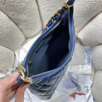 Chanel AS4923 Large Hobo Shiny Lambskin & Gold Tone Metal Navy Blue