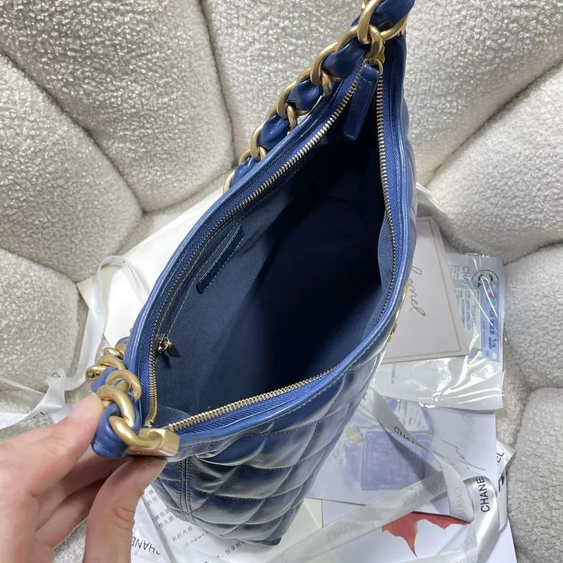 Chanel AS4923 Large Hobo Shiny Lambskin & Gold Tone Metal Navy Blue