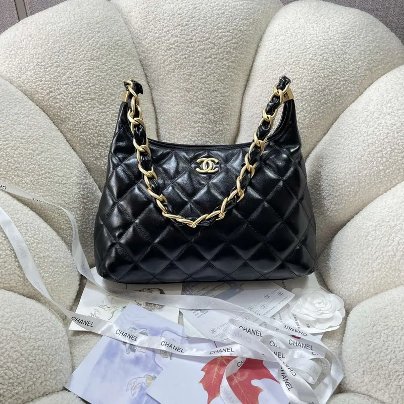 Chanel AS4923 Large Hobo Shiny Lambskin & Gold Tone Metal Black