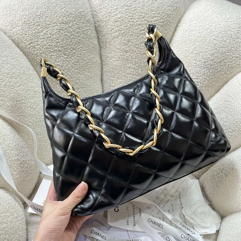Chanel AS4923 Large Hobo Shiny Lambskin & Gold Tone Metal Black