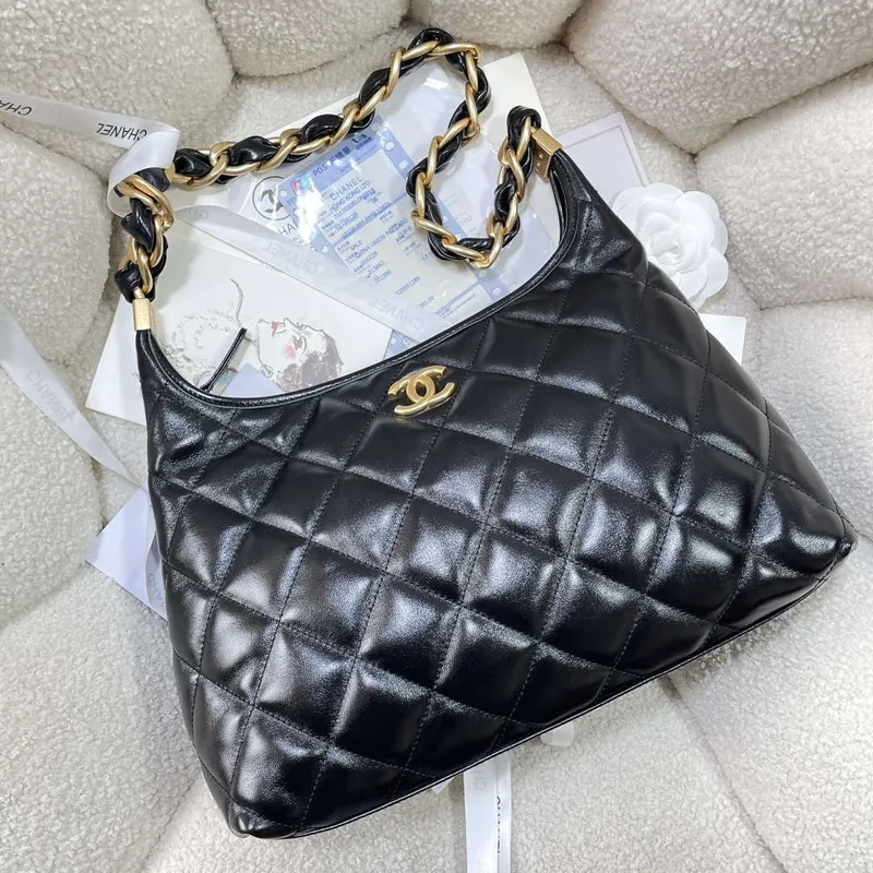 Chanel AS4923 Large Hobo Shiny Lambskin & Gold Tone Metal Black