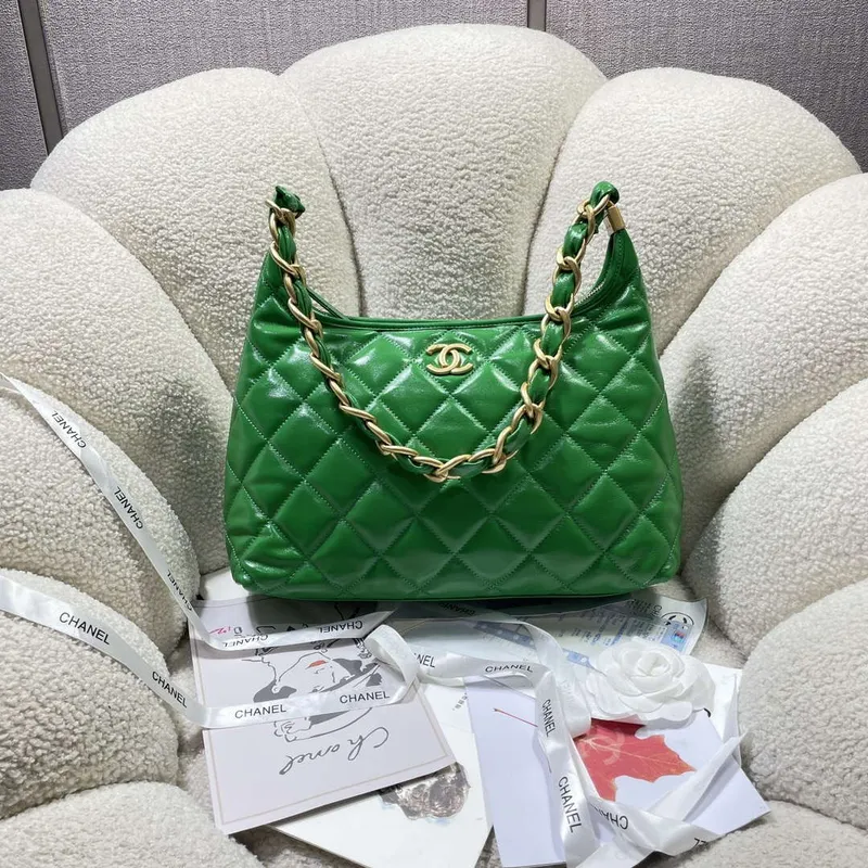 Chanel AS4923 Large Hobo Shiny Lambskin & Gold Tone Metal Green