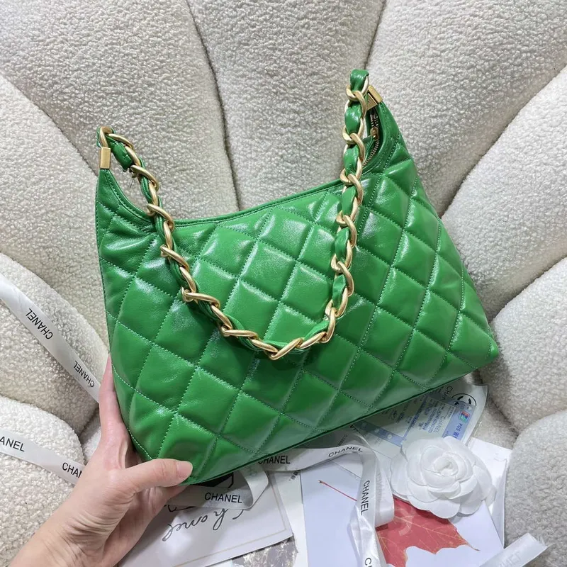 Chanel AS4923 Large Hobo Shiny Lambskin & Gold Tone Metal Green