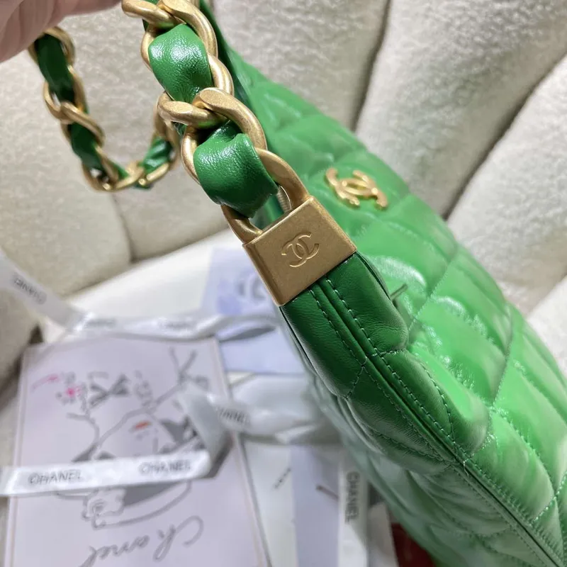 Chanel AS4923 Large Hobo Shiny Lambskin & Gold Tone Metal Green