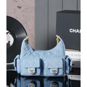 Chanel AS5339 Small Hobo Shiny Denim & Gold Tone Metal Light blue