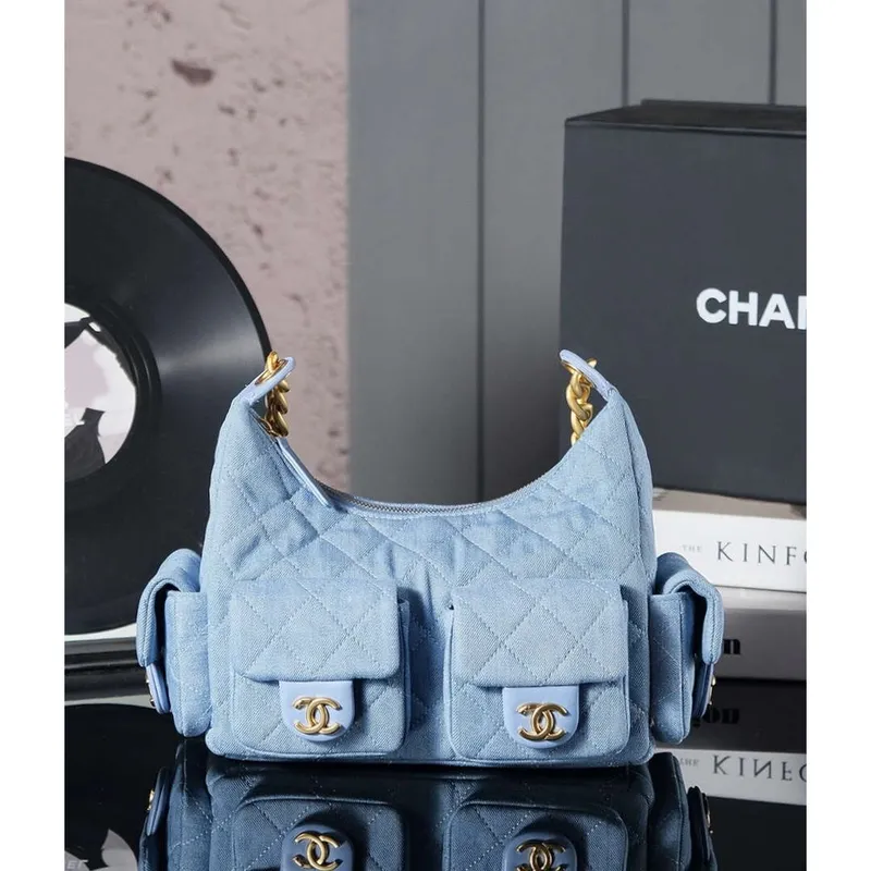 Chanel AS5339 Small Hobo Shiny Denim & Gold Tone Metal Light blue