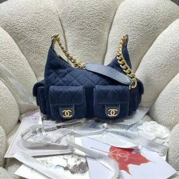 Chanel AS5339 Small Hobo Shiny Denim & Gold Tone Metal Dark blue