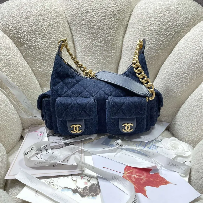 Chanel AS5339 Small Hobo Shiny Denim & Gold Tone Metal Dark blue