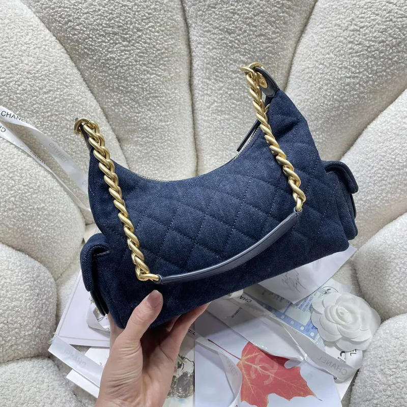 Chanel AS5339 Small Hobo Shiny Denim & Gold Tone Metal Dark blue