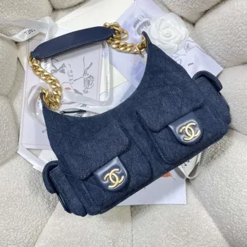 Chanel AS5339 Small Hobo Shiny Denim & Gold Tone Metal Dark blue