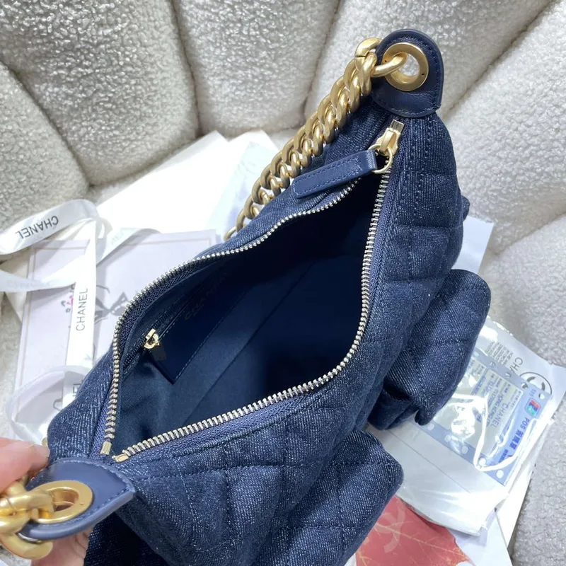 Chanel AS5339 Small Hobo Shiny Denim & Gold Tone Metal Dark blue