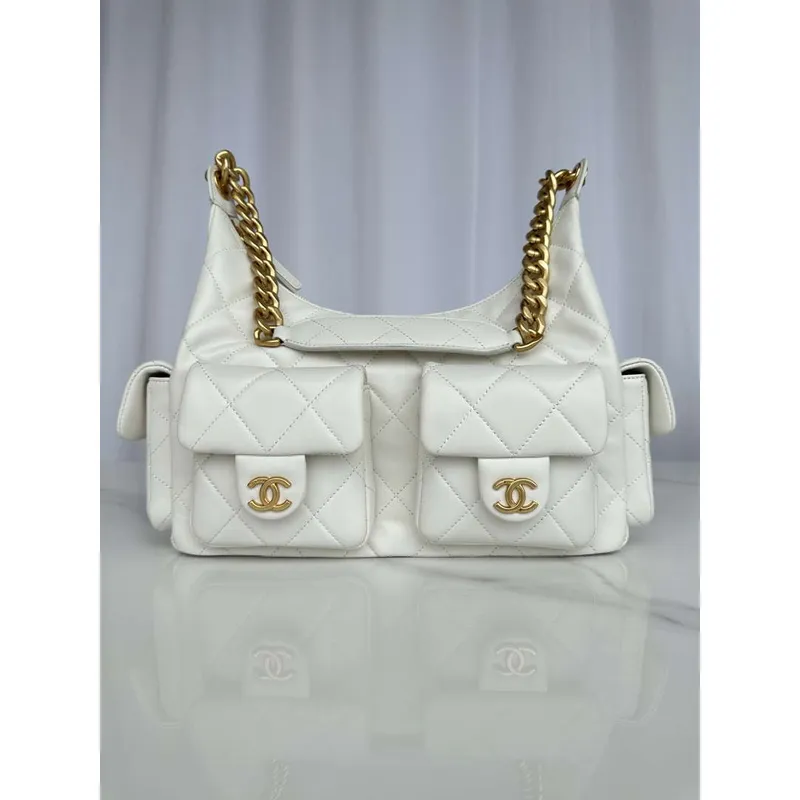 Chanel AS5339 Small Hobo Shiny Lambskin & Gold Tone Metal White