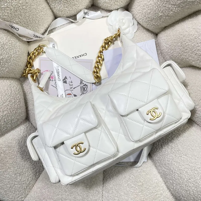 Chanel AS5302 Hobo Shiny Lambskin & Gold Tone Metal White