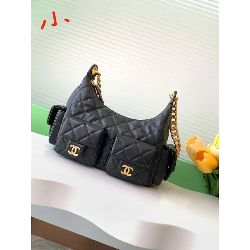 Chanel AS5339 Small Hobo Shiny Lambskin & Gold Tone Metal Black