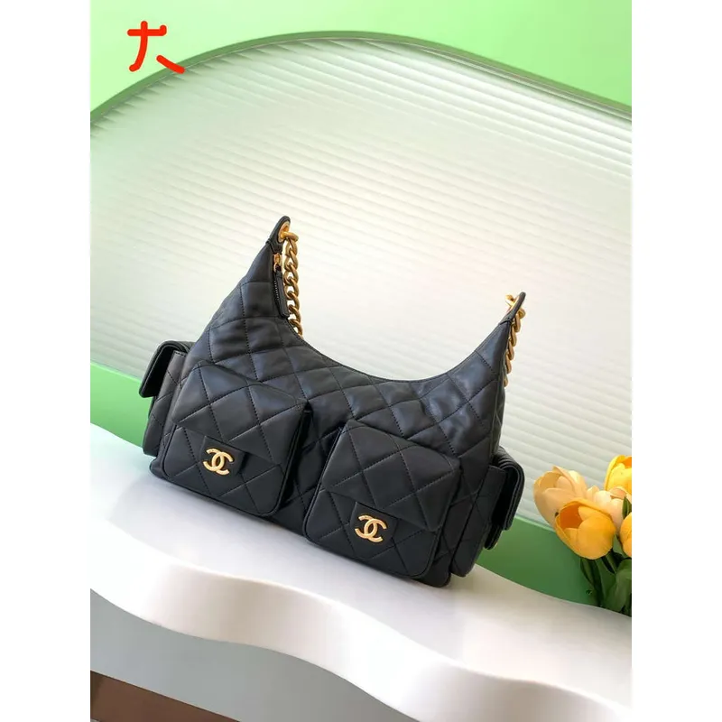 Chanel AS5302 Hobo Shiny Lambskin & Gold Tone Metal Black