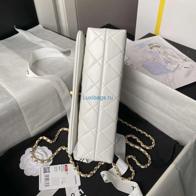 Chanel AS4967 Small Flap Bag Shiny Lambskin Enamel & Gold Tone Metal White